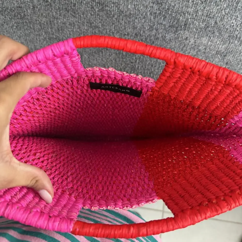Artesano Grenada Woven Straw Tote Bag Pink Red Stripe Top Handle Beach Summer